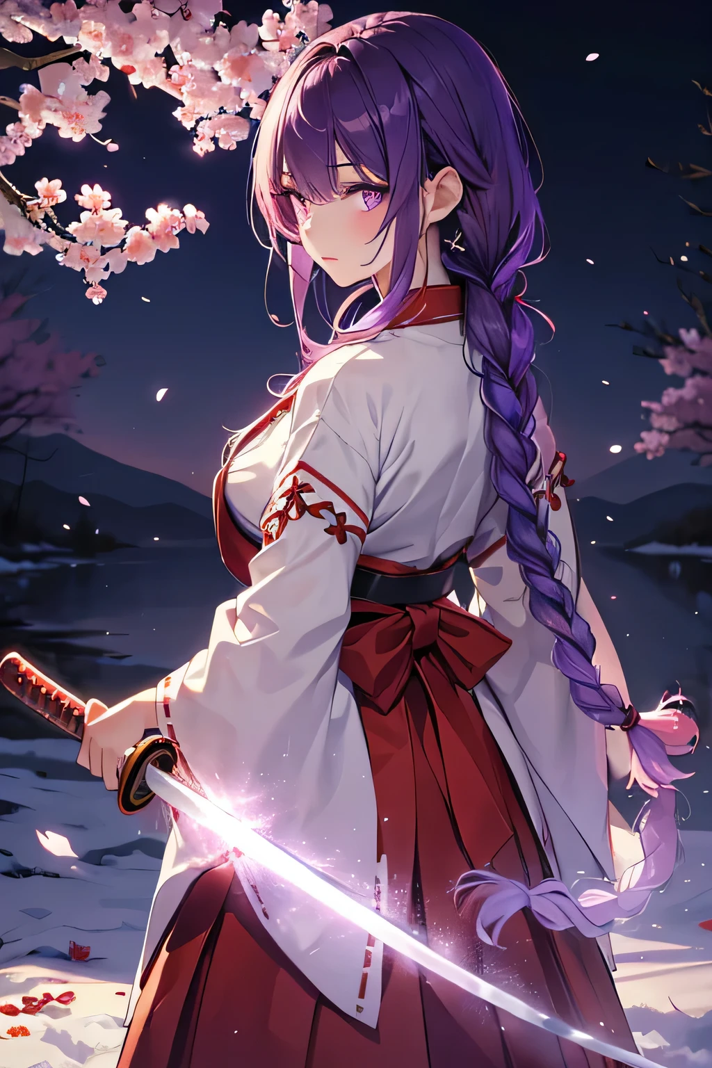 (High resolution, realistic, 4K, super detailed, masterpiece:1.2), 1 girl, Glowing purple eyes, fine eyes, purple hair, ((long hair braided in the back:1.4)), Japanese hakama costume, Miko, ((red long skirt)), Red too, Priestess Dress, Priestess clothing, oracle ornaments, ((fencing sword)), japanese sword, Eyes full of determination, Cherry blossom blizzard, dramatic lighting, Bright colors, enchanting beauty
