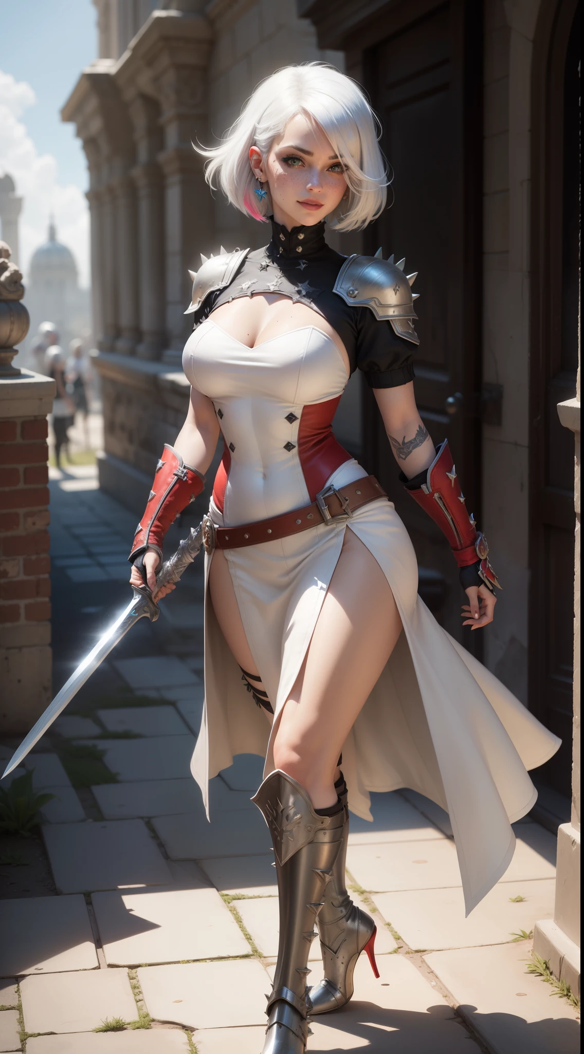 gwen tennyson,yorha 2b,tracer,y'shtola rhul,overwatch,assassin's creed,close up, roman coliseum,coliseum arena,tattoos,white and red plugsuit,white short sleeve gladiator top,white and red long gladiator coat,spiked armor,long gladiator skirt,gladiator corset,long dress train,short hair,punk makeup,green eyes,multicolored silver hair,spiked gloves,sexy smile,freckles,beautiful girl,spiked high boots,large breasts,8k,ultra detailed,realistic,fantasy art,gladiator uniform,hair pin,ear piercings,(weather:windy), 1girl,gladiator long sword,