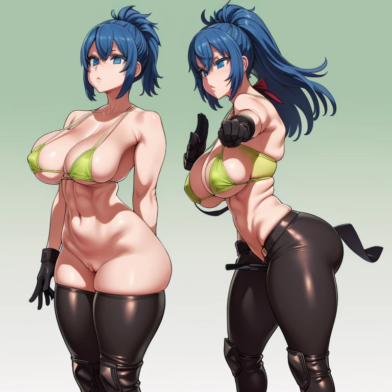 (obra maestra, Mejor calidad:1.2), tiro de vaquero, Solo, 1 chica, Leona heidern, libidinoso, boca cerrada, Mirando al espectador, es, Caderas anchas, camisa, correa, sentadillas, piernas aparte, cielo azul, erotica, pechos grandes, latex boots, latex gloves, pezones sin censura, vagina, micro bikini negro