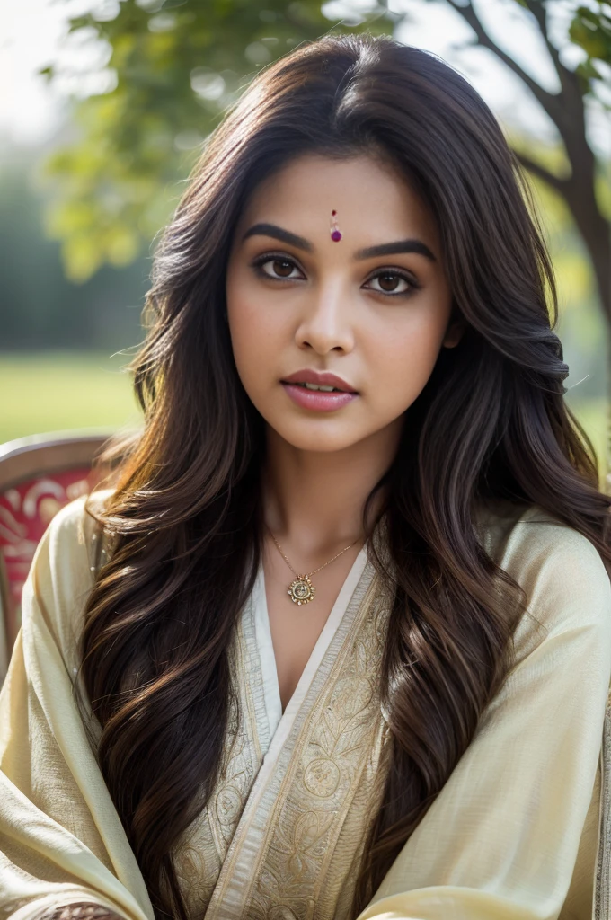 Portrait of Marathi actress''esha gupta" with long flowing hair, hazel eyes, with flowing capes, sitting in the park, perfect composition, hyperrealistic, super detailed, 8k, high quality, trending art, trending on artstation, sharp focus, studio photo, intricate details, highly detailed, art by greg rutkowski