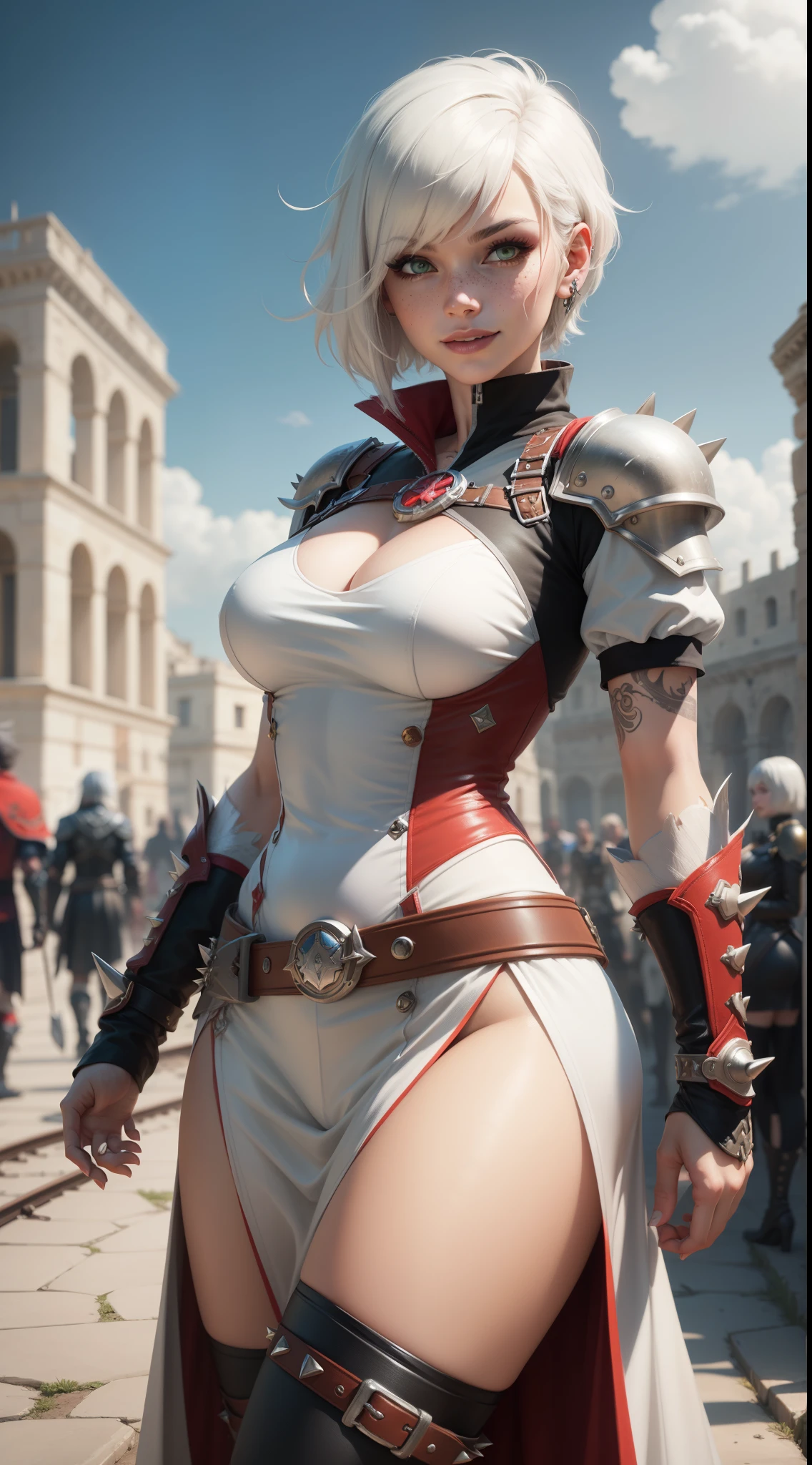 gwen tennyson,yorha 2b,tracer,y'shtola rhul,overwatch,assassin's creed,close up, roman coliseum,coliseum arena,tattoos,white and red plugsuit,white short sleeve gladiator top,white and red long gladiator coat,spiked armor,long gladiator skirt,gladiator corset,long dress train,short hair,punk makeup,green eyes,multicolored silver hair,spiked gloves,sexy smile,freckles,beautiful girl,spiked high boots,large breasts,8k,ultra detailed,realistic,fantasy art,gladiator uniform,hair pin,ear piercings,(weather:windy), 1girl,gladiator long sword,