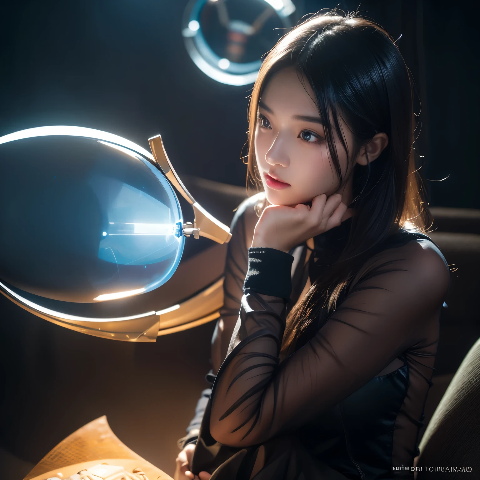 1girl,artificial intelligence female face，Highly detailed graphics，lamp，4k，art station，Surrealism，intricate details，powerful，edge lighting，Diffraction grading，RTX，AI facial depiction，AI texture