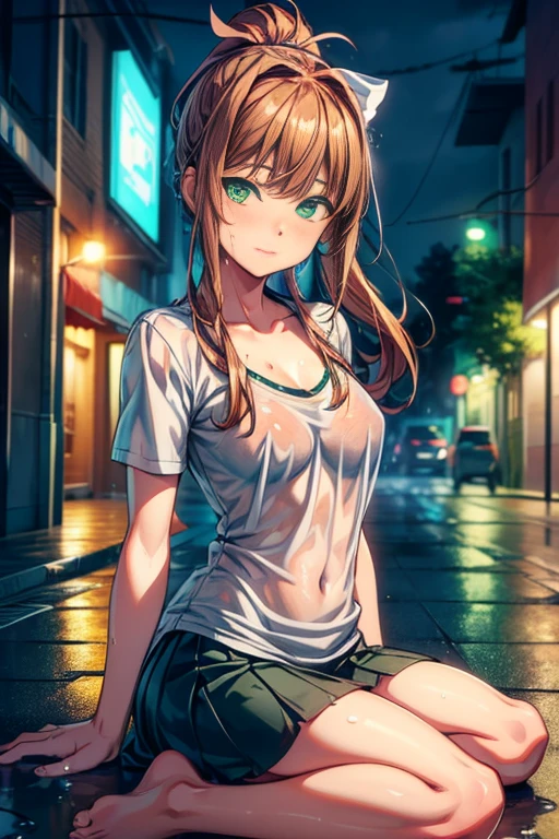 ddlcmonika, blunt bangs, brown hair, (green eyes:1.5), long hair, ponytail, ribbon, white ribbon, hair ribbon, sidelocks,sitting, ((on city street)), ((fully clothed)), ((overcoat)), ((v neck t shirt)),((barefoot)), black miniskirt, short hair, slim build,jewelry, large earrings, late night, detailed background, dark, busy street, cinematic, neon light, masterpiece, best quality, RAW photo, up close, zoomed in, photorealistic, ((looking at viewer)), see through,dripping wet, beautiful realistic photo, hyperrealistic fantasy photo, close up, tight frame, 8k, ultra detailed, detailed skin, blue eyes, freckles, ((drenched)), ((soaked)), (dripping water), sagging clothes, wet street, wet all over, wet dripping hair, pov, (posing for photo) portrait, close-up, bottom angle, mist