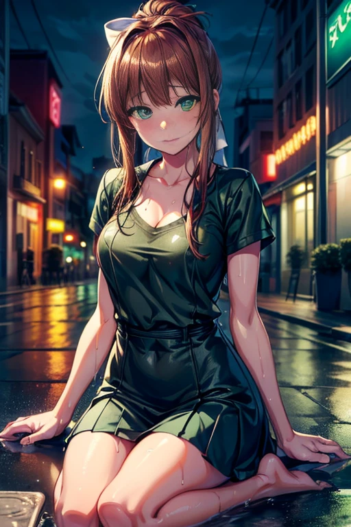 ddlcmonika, blunt bangs, brown hair, (green eyes:1.5), long hair, ponytail, ribbon, white ribbon, hair ribbon, sidelocks,sitting,  ((on city street)),  ((fully clothed)), ((overcoat)), ((v neck t shirt)),((barefoot)), black miniskirt, short hair, slim build,jewelry, large earrings, late night, detailed background, dark, busy street, cinematic, neon light, masterpiece,  best quality, RAW photo, up close, zoomed in,  photorealistic, ((looking at viewer)), see through,dripping wet, beautiful realistic photo, hyperrealistic fantasy photo,  close up, tight frame, 8k, ultra detailed, detailed skin, blue eyes, freckles, ((drenched)), ((soaked)), (dripping water), sagging clothes, wet street, wet all over, wet dripping hair, pov, (posing for photo) portrait, close-up, bottom angle, mist