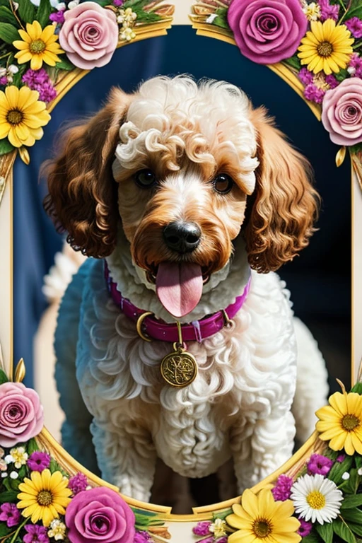 Close up photo Poodle with mouth open tongue out, brincando com rosas dentro da boca, Photograph frontal view close to half of the body of a small Poodle dog looking at the viewer coat color white or yellow or colored, the Poodle is at the center of a handmade circle decorated with leaves and flowers of various colors and species, composing a realistic image of fantasy, mysteries and magical charms.
