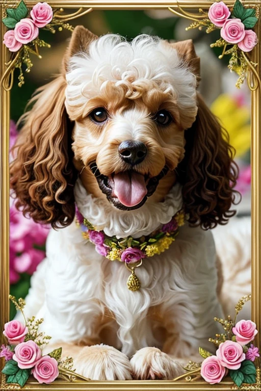 Close up photo Poodle with mouth open tongue out, brincando com rosas dentro da boca, Photograph frontal view close to half of the body of a small Poodle dog looking at the viewer coat color white or yellow or colored, the Poodle is at the center of a handmade circle decorated with leaves and flowers of various colors and species, composing a realistic image of fantasy, mysteries and magical charms.
