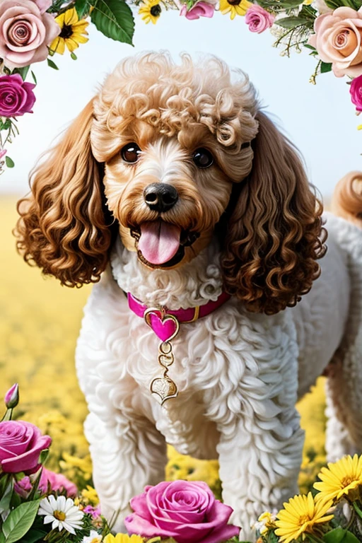 Close up photo Poodle with mouth open tongue out, brincando com rosas dentro da boca, Photograph frontal view close to half of the body of a small Poodle dog looking at the viewer coat color white or yellow or colored, the Poodle is at the center of a handmade circle decorated with leaves and flowers of various colors and species, composing a realistic image of fantasy, mysteries and magical charms.

