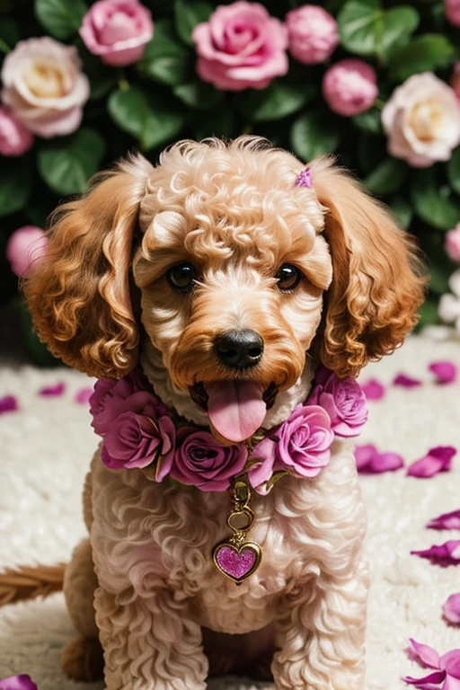 Close up photo Poodle with mouth open tongue out, brincando com rosas dentro da boca, Photograph frontal view close to half of the body of a small Poodle dog looking at the viewer coat color white or yellow or colored, the Poodle is at the center of a handmade circle decorated with leaves and flowers of various colors and species, composing a realistic image of fantasy, mysteries and magical charms.
