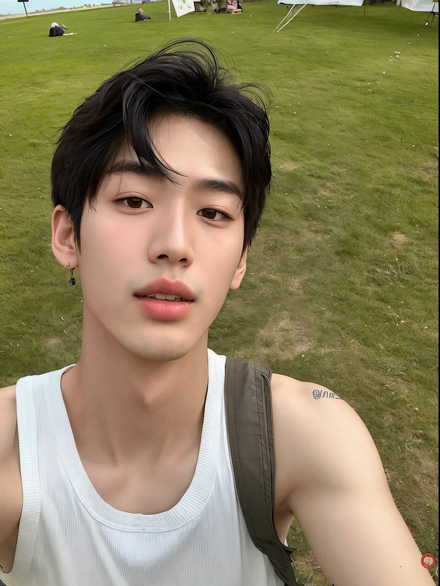 There is a man who is taking a selfie in the grass, cai xukun, Jinyoung Shin, hombre surcoreano, kim doyoung, pintar ulzzang, hyung tae, 22 years, 27 years old, Siwoo Kim, 28 years old, yanjun chengt, TaeJune Kim, 23 years