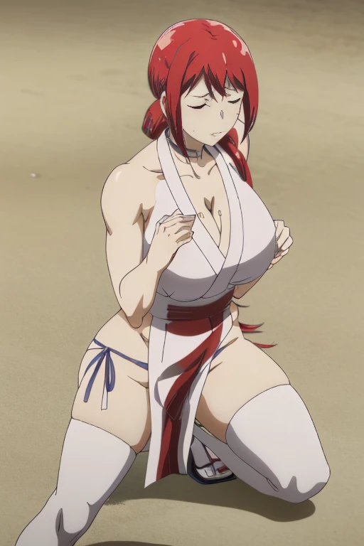 masterpiece, high resolution, best quality, beautiful art,well formed body, hands and fingers, 1 woman, solo, Akane Hiyama, grown up, big breasted, cleavage, sexy body, blue_japanese_clothes, sleeveless, white stockings, pelvic curtain, alluring out, sexy legs, hips and thighs, ryona, in peril, she is being beaten up in a martial arts tournament match, receiving heavy damage, hurt, she is being pushed away, she slams the wall harder, reacting to pain, closed eyes, screaming in pain, fainting, in trouble, weak, helpless, perilous scene, bouncing breasts, beach background