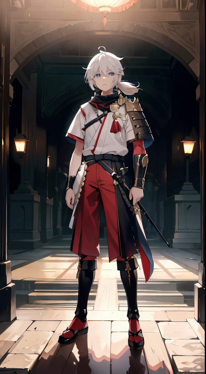 (Masterpiece: 1.2), (Best quality: 8K, 32K), Photo of a Japanese boy around fifteen years old, With blonde hair in a very short bob hairstyle, Worn in a ponytail, Full body view, Wearing a blue top that accents his youthful charm, bottom half dressed in red pants, Bravely standing with an imposing knight-like outfit, Strapping an extremely large, intricately designed greatsword on his back, Benedicted by the majestic backdrop of a grand temple in full splendor, Capturing the essence of courage and determination in this top-resolution, highly detailed scen,Blue eyes, He have Huge Wide sword.
