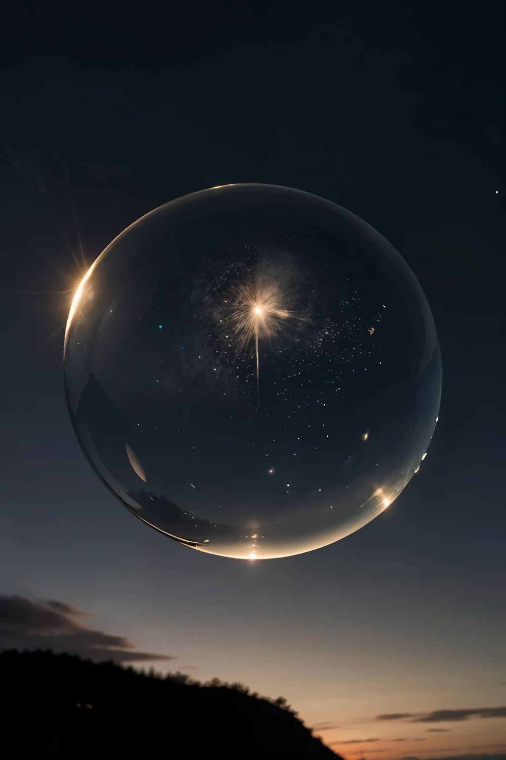 desing a neon glowing bubble filled with a sky full of stars and cloud with a moon 