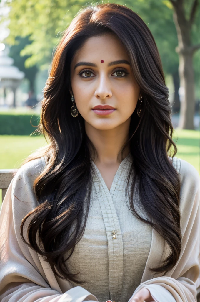 Portrait of Marathi actress''kareen Kapoor" with long flowing hair, hazel eyes, with flowing capes, sitting in the park, perfect composition, hyperrealistic, super detailed, 8k, high quality, trending art, trending on artstation, sharp focus, studio photo, intricate details, highly detailed, art by greg rutkowski