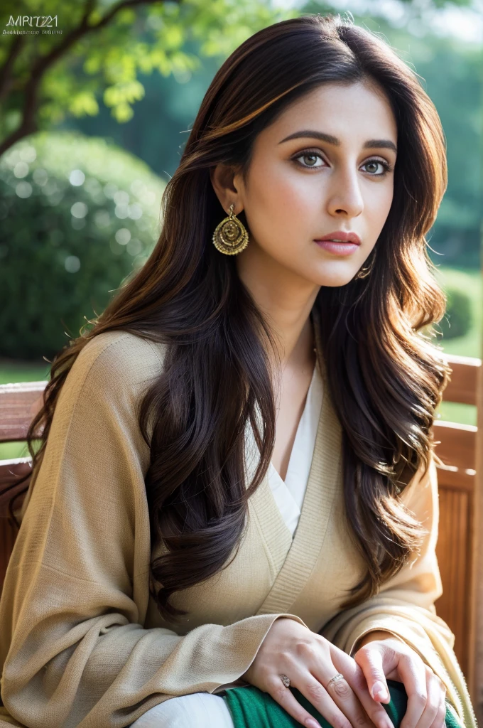 Portrait of Marathi actress''kareen Kapoor" with long flowing hair, hazel eyes, with flowing capes, sitting in the park, perfect composition, hyperrealistic, super detailed, 8k, high quality, trending art, trending on artstation, sharp focus, studio photo, intricate details, highly detailed, art by greg rutkowski