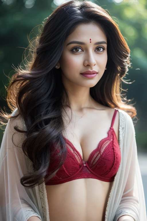 Portrait of Marathi actress "Blake blossom" with long flowing hair, hazel eyes, with flowing capes, sitting in the park, perfect composition, hyperrealistic, super detailed, 8k, high quality, trending art, trending on artstation, sharp focus, studio photo, intricate details, highly detailed, art by greg rutkowski, red bra or big ass