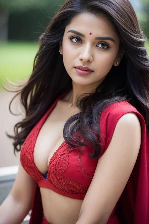 Portrait of Marathi actress "Prajakta Mali" with long flowing hair, hazel eyes, with flowing capes, sitting in the park, perfect composition, hyperrealistic, super detailed, 8k, high quality, trending art, trending on artstation, sharp focus, studio photo, intricate details, highly detailed, art by greg rutkowski, red bra or big ass