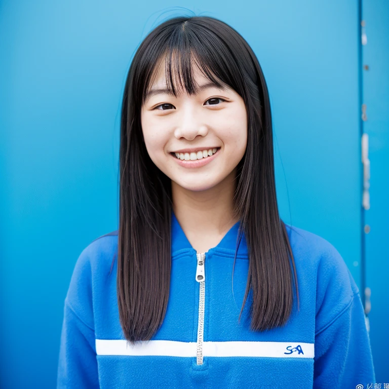 The face of a smiling young Japanese woman wearing blue clothes with a futuristic design. Focal length 100mmf/2.8, the background is a blue wall with the letters "SA" painted on it, blue space, and film quality.