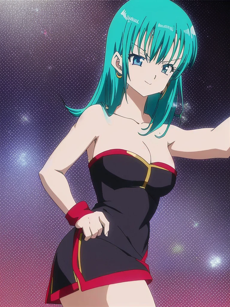 Bulla, 1 girl, solo, aqua hair, red headband, solo, black dress, strapless, skin-tight dress, sexy poses, Smile, upper body. (acclaimed, alluring, captivating, exciting, gorgeous, striking:1.3), (trending on artstation:1.3), anime screencaps, high quality, night club background, disco lighting. Masterpiece