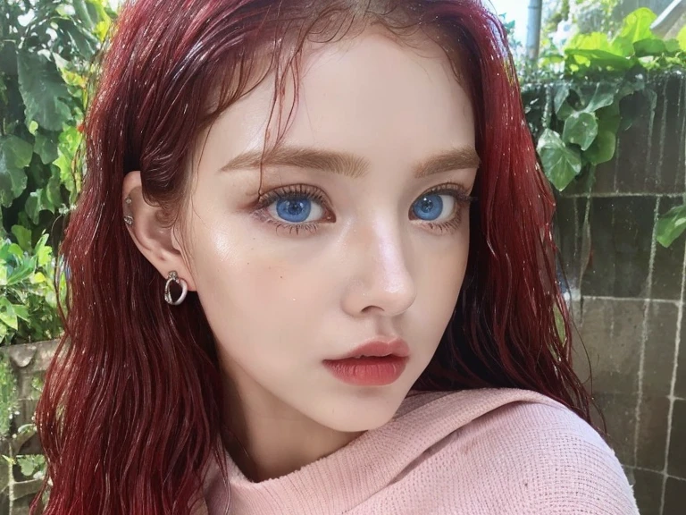 4 miniature Beautiful handsome woman, ((top quality, 8k, masterpiece:1.retty woman, 1woman, huge breasts:1.3, slender figure:1.1, elastic red long hair, (shower, wet body, wet clothes:1.1), very detailed face, detailed lips, detailed eyes, double eyelids, detailed blue eyes, extremely detailed outstanding blue eyes, red wet hair, red wet hair, detailed outstanding BLUE EYES, innocent stare at the viewer, extremely wet wavy red hair, detailed outstanding BLUE EYES, raining outside, huge earrings, Oasis, Waterfall, naked breasts