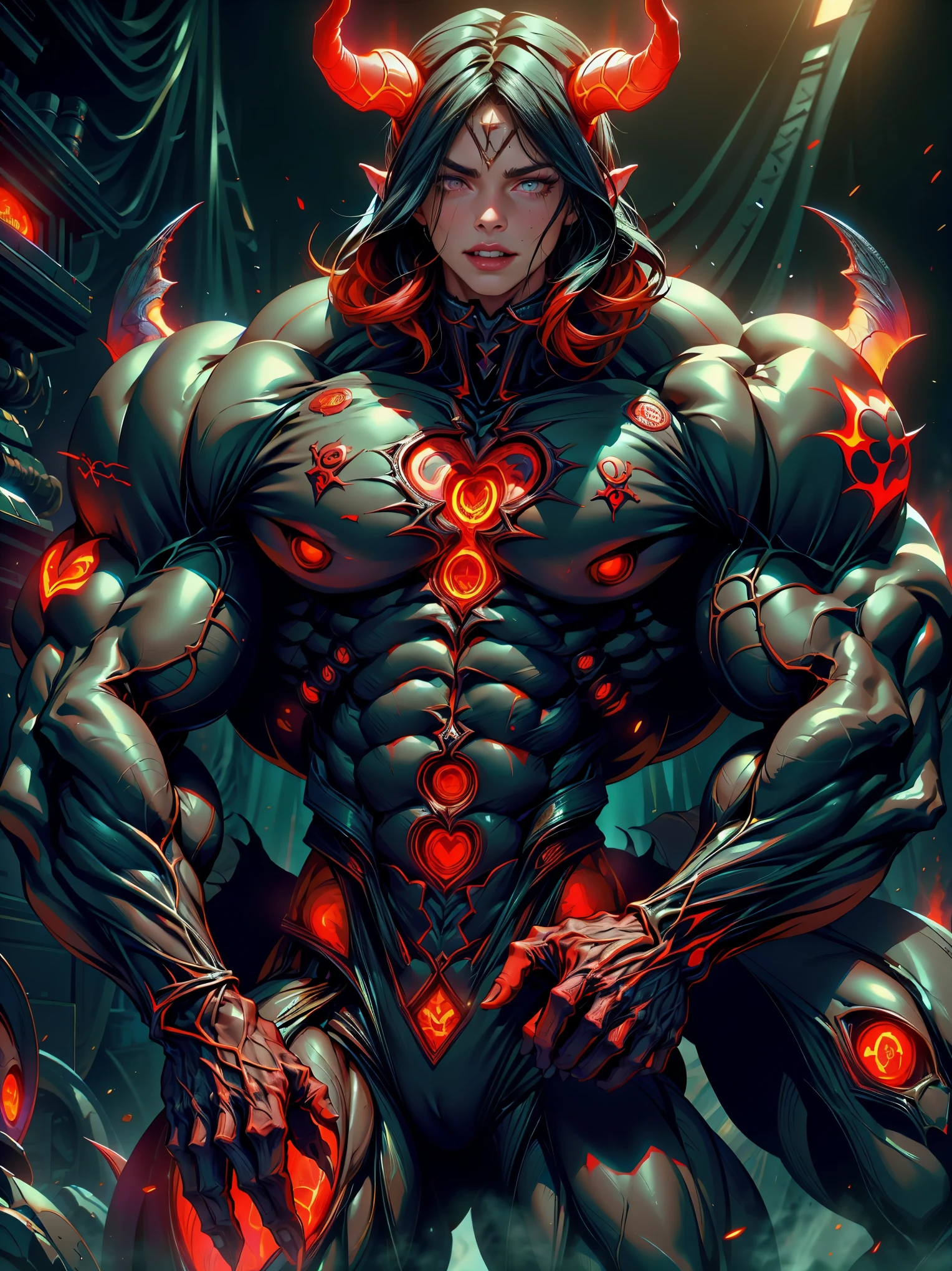 (1 girl), Megan Fox : Evil nude Succubus, Muscular skinless physique, Demon horns, demonic tech muscular bodysuit, an evil red glow emanating from her, diabolic, insidious, Context of the Satanic Church, (8k, RAW photo, photorealistic:1.25), exposed breasts, exposed pussy,