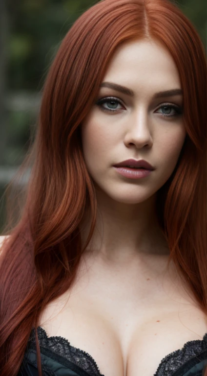 best quality, ultra-detailed, realistic:1.37), 23 year old, Swedish female, dyed red hair, medium length extremely curly layered hairstyle, bright blue eyes, high cheek bones, pale skin tone, shot on a Canon EOS R6 Mark II camera,