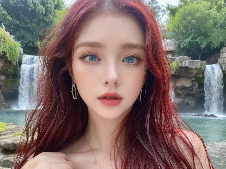 4 miniature Beautiful handsome woman, ((top quality, 8k, masterpiece:1.retty woman, 1woman, huge breasts:1.3, slender figure:1.1, elastic red long hair, (shower, wet body, wet clothes:1.1), very detailed face, detailed lips, detailed eyes, double eyelids, detailed blue eyes, extremely detailed outstanding blue eyes, red wet hair, red wet hair, detailed outstanding BLUE EYES, innocent stare at the viewer, extremely wet wavy red hair, detailed outstanding BLUE EYES, raining outside, huge earrings, Oasis, Waterfall, naked breasts