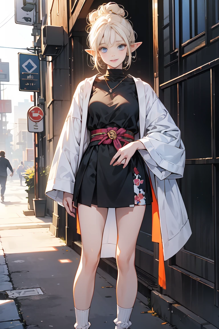 (1 elf girl), (beauty elf girl), (super high quality), masterpiece, casual scene, cowboy shot,relaxed atmosphere, Sounds like fun, She is wearing a trendy tech wear outfit, ((Japanese gal fashion,loose socks)), With comfortable sneakers, sun&#39;S line gives off warm colors, Street atmosphere, urban envrionment. perfect body, (G cup:1.2), light smile, Fresh, (asymmetrical bangs:1.3), braid bun hair, short hair, highly detailed face and eyes, beautiful eyes,closed mouth, perfect lips, (white blonde hair, deep blue eyes:1.2),cyber punk, SF, digital art, beautiful, cinematic lighting, by Yusuke Murata.