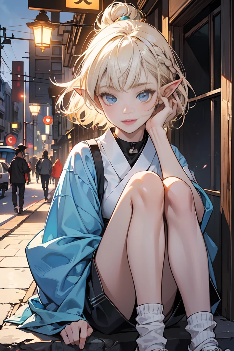 (1 elf girl), (beauty elf girl), (super high quality), masterpiece, casual scene, cowboy shot,relaxed atmosphere, Sounds like fun, She is wearing a trendy tech wear outfit, ((Japanese gal fashion,loose socks)), With comfortable sneakers, sun'S line gives off warm colors, Street atmosphere, urban envrionment. perfect body, (G cup:1.2), light smile, Fresh, (asymmetrical bangs:1.3), braid bun hair, short hair, highly detailed face and eyes, beautiful eyes,closed mouth, perfect lips, (white blonde hair, deep blue eyes:1.2),cyber punk, SF, digital art, beautiful, cinematic lighting, by Yusuke Murata.