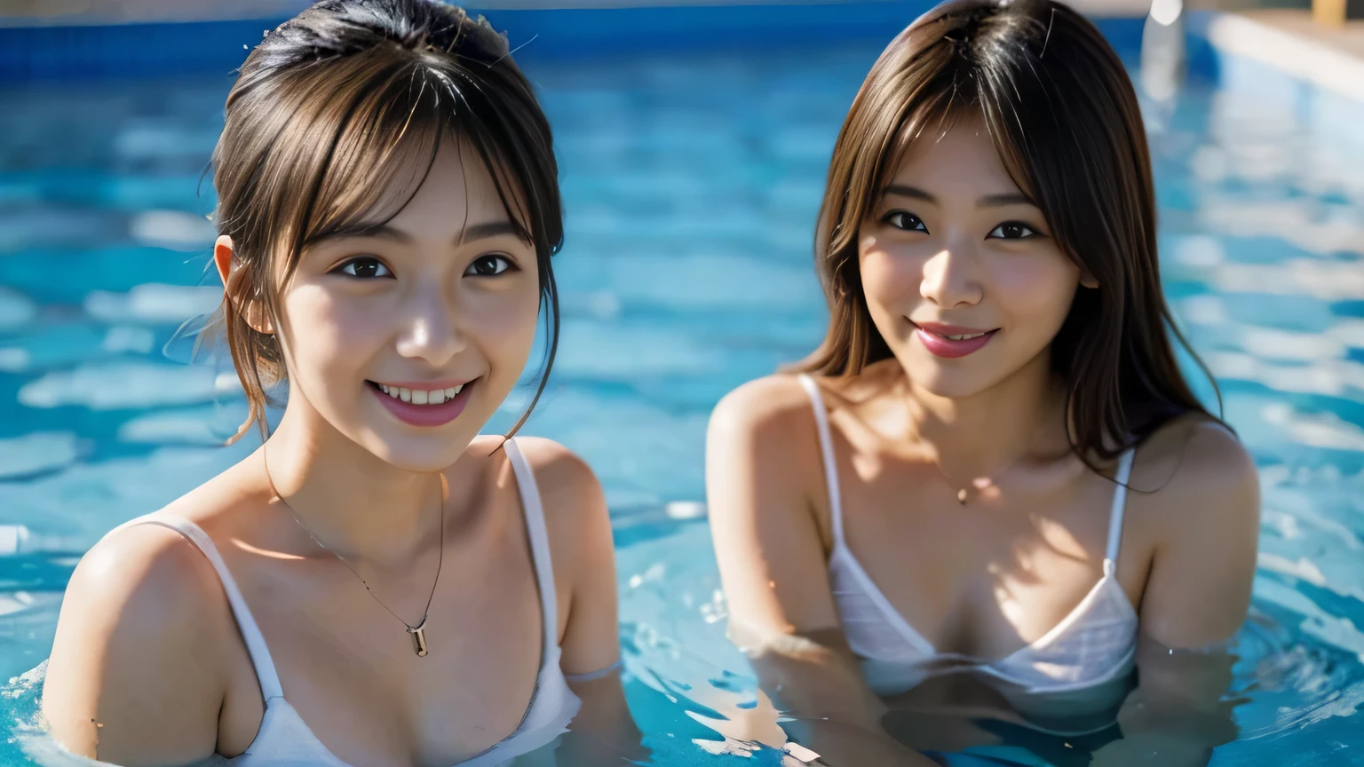 masterpiece, best quality, ultra-detailed, kawaii, cute, lovely, upper body, pool, 2girls, 2 cute girls, robe, beautiful blond hair, beautiful brown eyes, beautiful eyes, white-skinned, flat breast, tiny breast, necklace, smile, ashamed, ahegao, shiny-glistening, gleaming, lotion, wetted by water