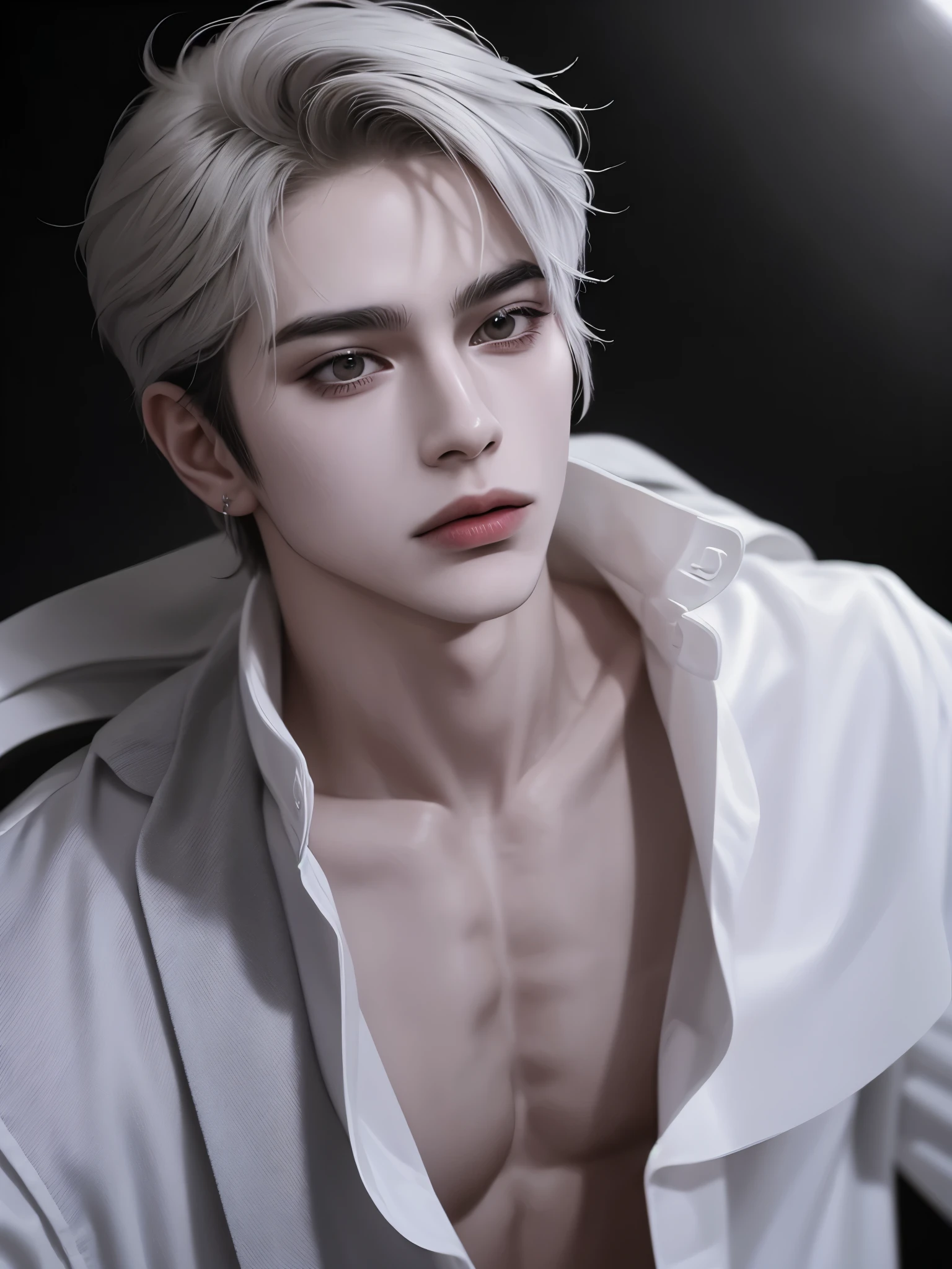 attractive wolf man beautiful slender, muscular torso, short silver hair, amber yellow eyes, white wolf fur coat, white pants torn on the left side, background a moonlight with a lake mirroring the dark night and a forest
