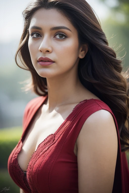 Portrait of Marathi actress "Blake blossom" with long flowing hair, hazel eyes, with flowing capes, sitting in the park, perfect composition, hyperrealistic, super detailed, 8k, high quality, trending art, trending on artstation, sharp focus, studio photo, intricate details, highly detailed, art by greg rutkowski, red bra or big ass