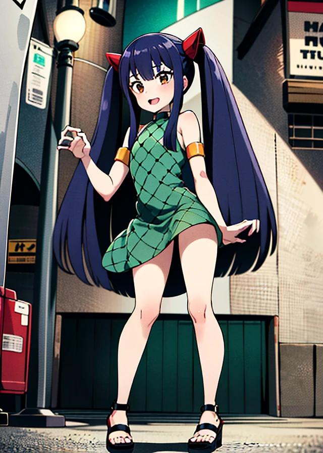 masterpiece, absurdres, Wendy_Marvell, 1girl, solo, long hair, looking at viewer, smile, open mouth, simple background, hair ornament, dress, twintails, brown eyes, very long hair, blue hair, full body, sidelocks, sleeveless, sleeveless dress, sandals, armlet, green dress City Traffic signals Street lights Neon signs Decorative signs building, paw pose, Toujinbou