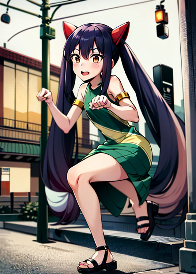 masterpiece, absurdres, Wendy_Marvell, 1girl, solo, long hair, looking at viewer, smile, open mouth, simple background, hair ornament, dress, twintails, brown eyes, very long hair, blue hair, full body, sidelocks, sleeveless, sleeveless dress, sandals, armlet, green dress City Traffic signals Street lights Neon signs Decorative signs building, paw pose, Toujinbou