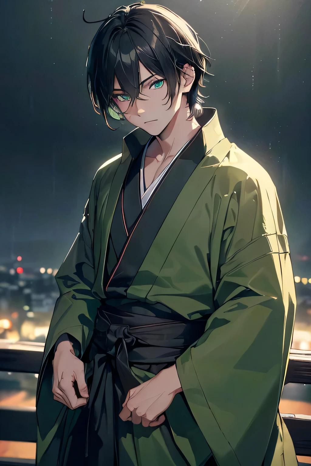 (High resolution, realistic, 4K, super detailed, masterpiece:1.2),cowboy shot (no hat:1.5), ((1 boy)), glowing green eyes, fine eyes, black hair, ((bob hair)), in the same way, kimono, Fox Mask, ((At night)), Rain sky, dramatic lighting, quiet solitude, Bright colors, enchanting beauty