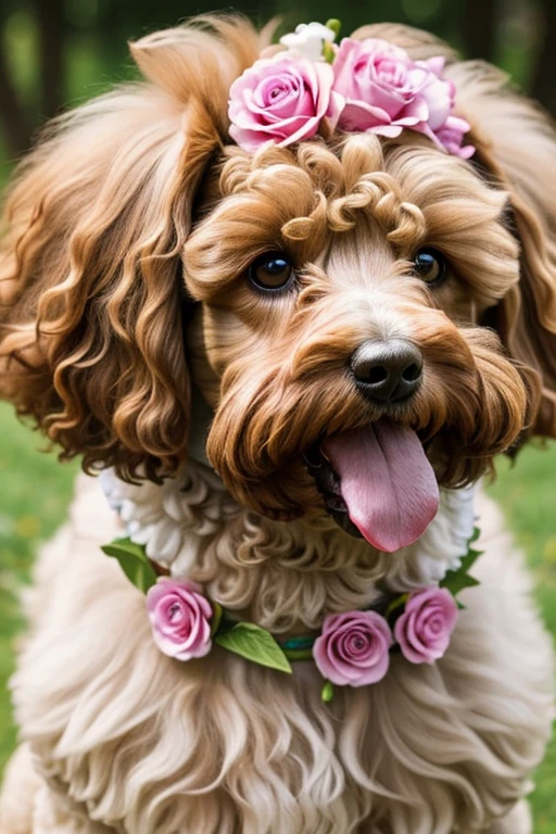  Moldura de Milhares de flores, dynamic photography, Close up photo Poodle with mouth open tongue out, brincando com rosas dentro da boca, Photograph frontal view close to half of the body of a small Poodle dog looking at the viewer coat color pink, white or yellow or colored, the Poodle is at the center of a handmade circle decorated with leaves and flowers of various colors and species, composing a realistic image of fantasy, mysteries and magical charms.
