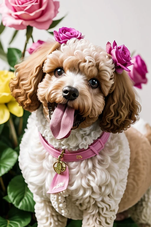Moldura de Milhares de flores, dynamic photography, Close up photo Poodle with mouth open tongue out, brincando com rosas dentro da boca, Photograph frontal view close to half of the body of a small Poodle dog looking at the viewer coat color pink, white or yellow or colored, the Poodle is at the center of a handmade circle decorated with leaves and flowers of various colors and species, composing a realistic image of fantasy, mysteries and magical charms.