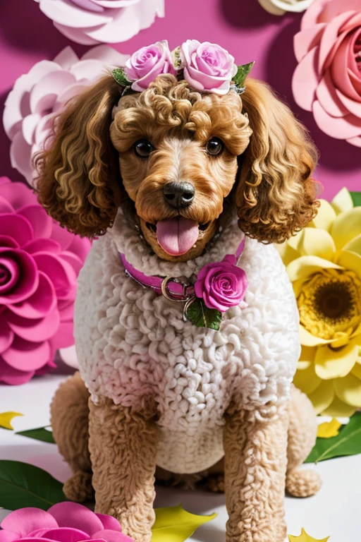  Moldura de Milhares de flores, dynamic photography, Close up photo Poodle with mouth open tongue out, brincando com rosas dentro da boca, Photograph frontal view close to half of the body of a small Poodle dog looking at the viewer coat color pink, white or yellow or colored, the Poodle is at the center of a handmade circle decorated with leaves and flowers of various colors and species, composing a realistic image of fantasy, mysteries and magical charms.
