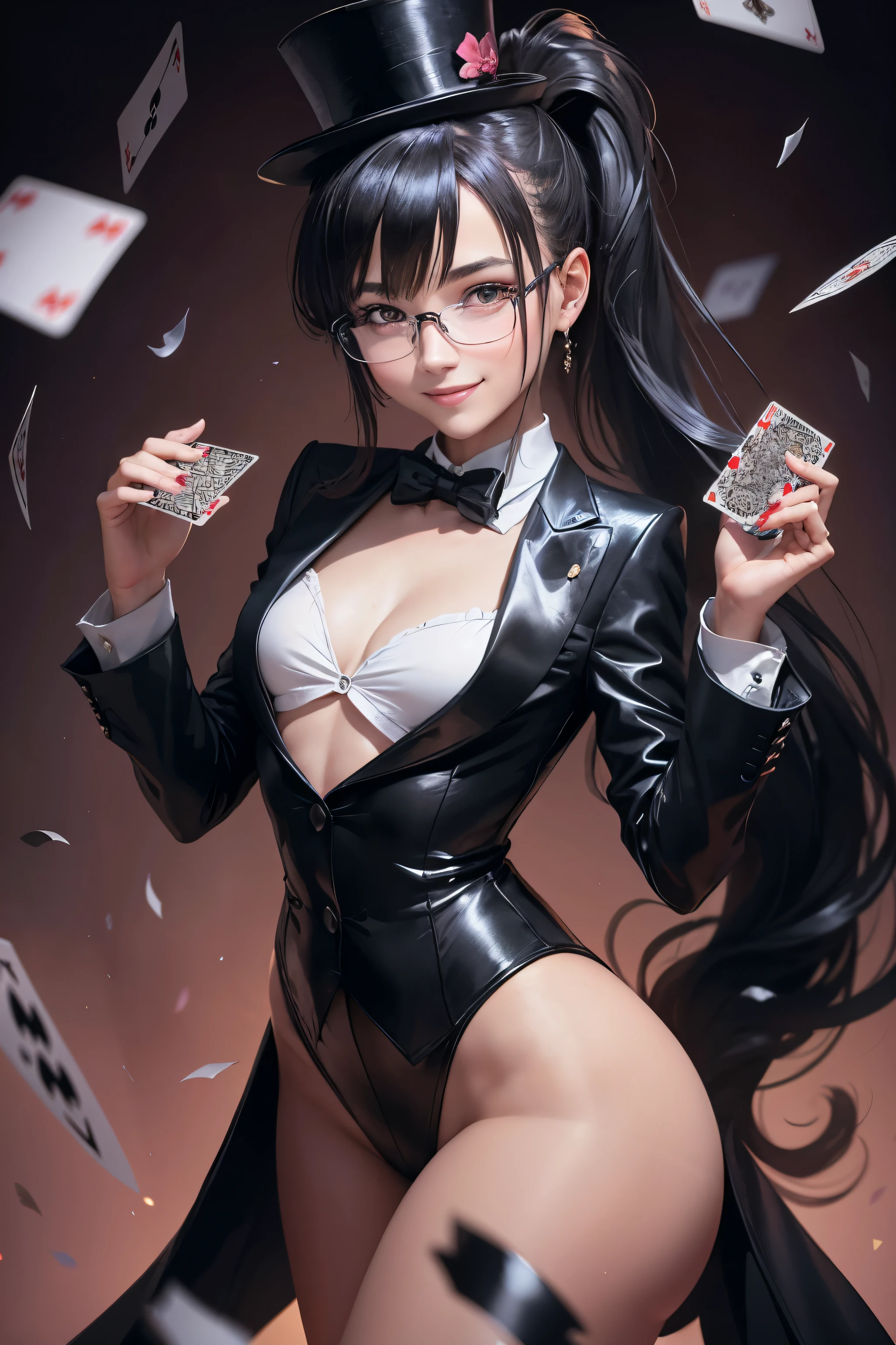 Beautiful female magician, , Playing Cards, Long hair in a ponytail, smooth, smile brightly, wear glasses, Wear a small top hat., wearing a black bunny costume, Wear a long-tailed tuxedo., Wear black stockings., There are cards flying everywhere.,