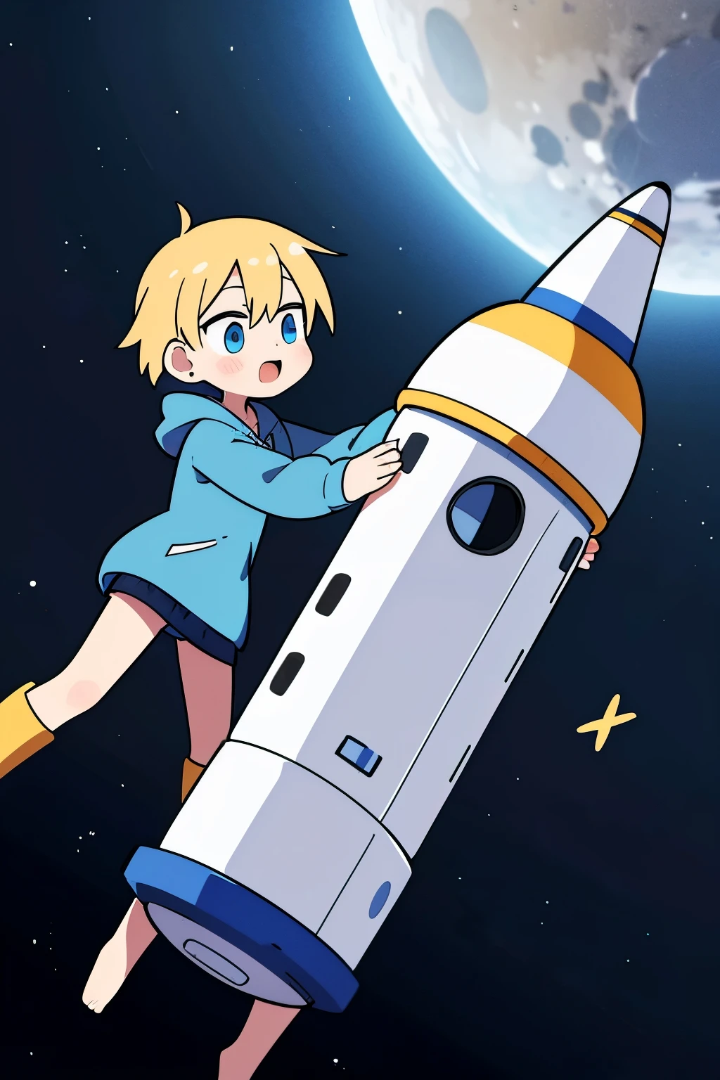 Generate a high definition image, homem, figura masculina, watching blue rocket launch, crossing space with stars and the full moon in the background, nasa, star ship, espace bus, spacex, apolo 11