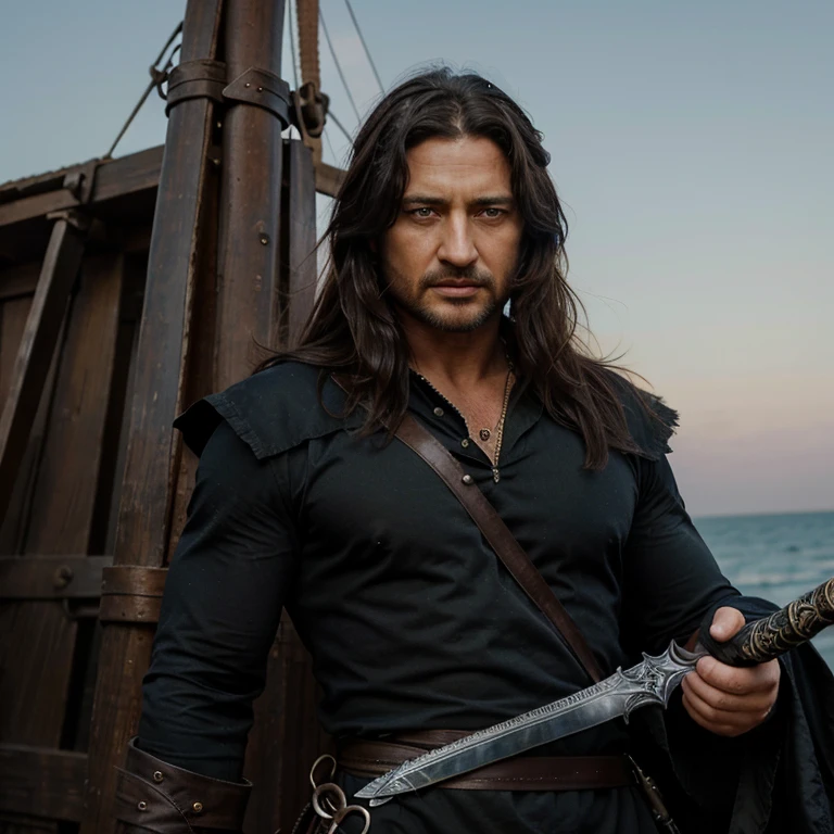 Gerard butler de ojos azules, cabello muy largo color negro ondulado, vestido como pirata, con una espada negra y la luna detras. 