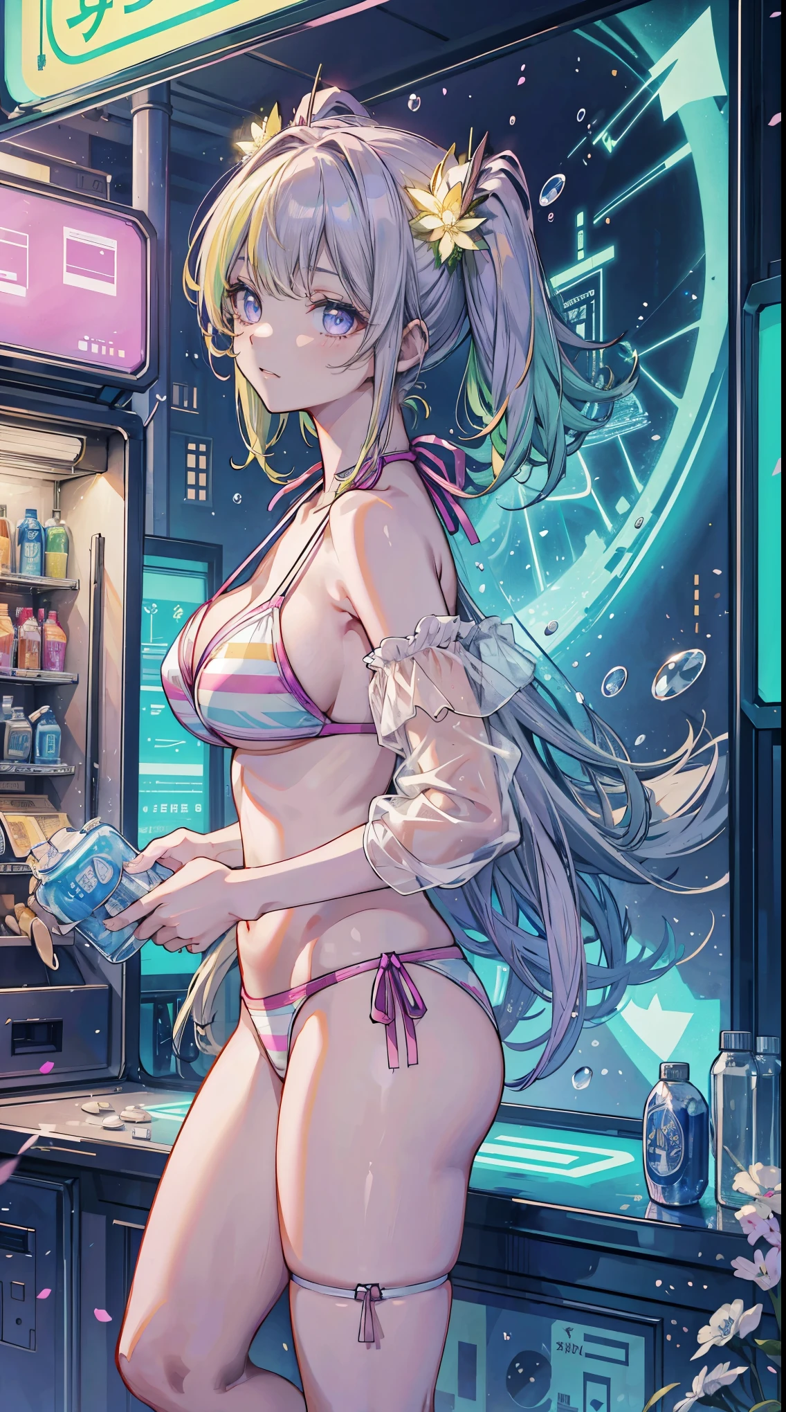 ((best quality, masterpiece, absurdres, super-resolution)) photo of beautiful jpn-gyaru, solo, Green,Blonde,Purple,White hair, standing in playground, from far, from side, glossy, beautiful anime eyes with luster reflection, beautiful, money, coins, drinks, bottled water, can soda, (ramune:1), vending machine on background,(((bikini)))