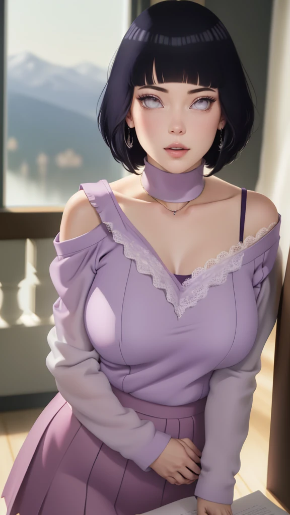 { - anatomy error} (Masterpiece - Ultra-detailed, very high resolution) (huge titusty, masterpiece, absurdres, hinata\(boruto\), 1girl, solo,mature female, off-shoulder bra, high waist short skirt, looking at viewelling petals), perfect composition, detailed lips, big breast, beautiful face, body propotion, blush, (pink lips), short hair, purple eyes, soft gaze, super realistic, detailed, photoshoot, realistic face and body, reading, writing, walking, backwards, lying down, standing, dynamic poses, mouth closed. Different posture. Very sexy, with chin resting on shoulder.  lilac eyes, full body, lace clothes, with large hoop earrings