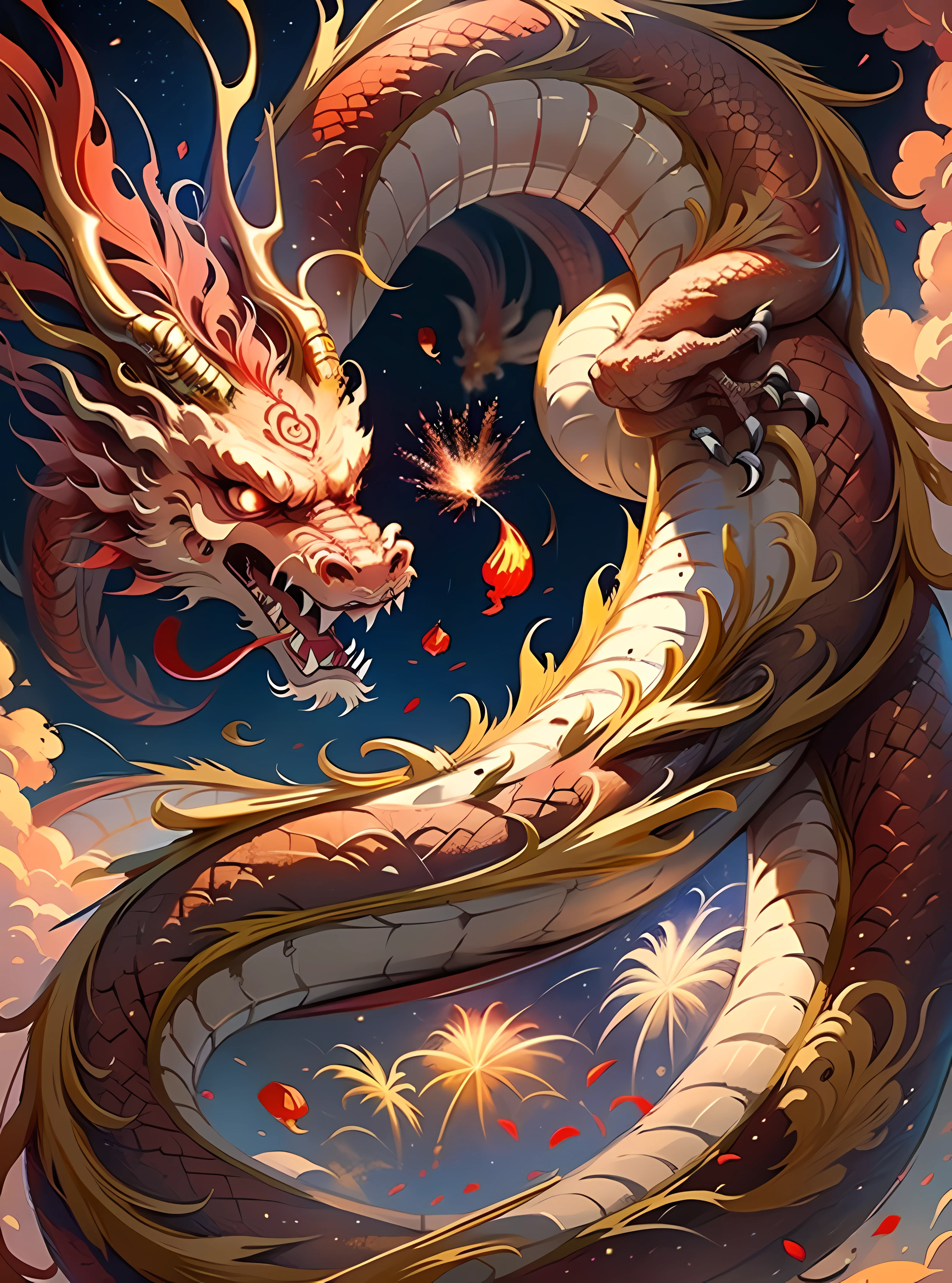 A Chinese red five-clawed dragon hovers in the sky，Below are the fireworks flying into the sky，super detailed，Surreal，illumination，masterpiece，best quality