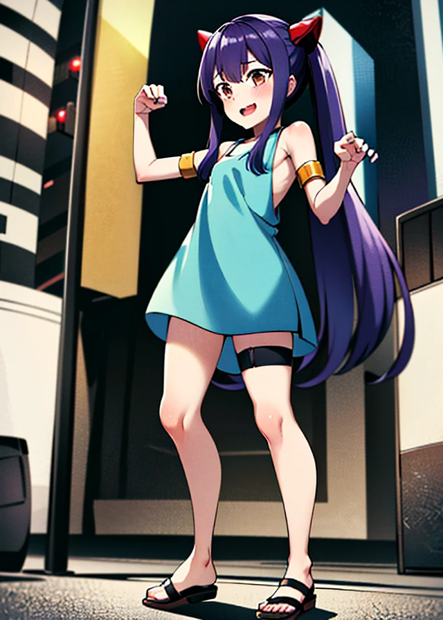 masterpiece, absurdres, Wendy_Marvell, 1girl, solo, long hair, looking at viewer, smile, open mouth, simple background, hair ornament, dress, twintails, brown eyes, very long hair, blue hair, full body, sidelocks, sleeveless, sleeveless dress, sandals, armlet, nude City Traffic signals Street lights Neon signs Decorative signs building, paw pose, Toujinbou