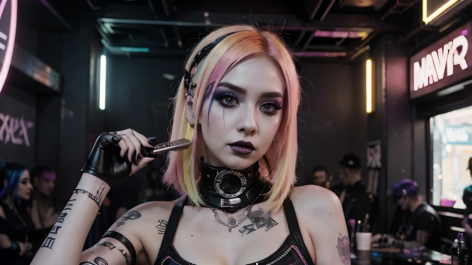 blond woman with bright hair and makeup holding a brush and a palette, ava max, cyberpunk makeup, portrait of kim petras, rave makeup, goth makeup, emo makeup, colorful rave makeup, cyberpunk look, punk girl, punk inspired, an epic non - binary model, goth girl, cyberpunk girl, glitchpunk girl, beautiful cyberpunk woman model, cybergoth