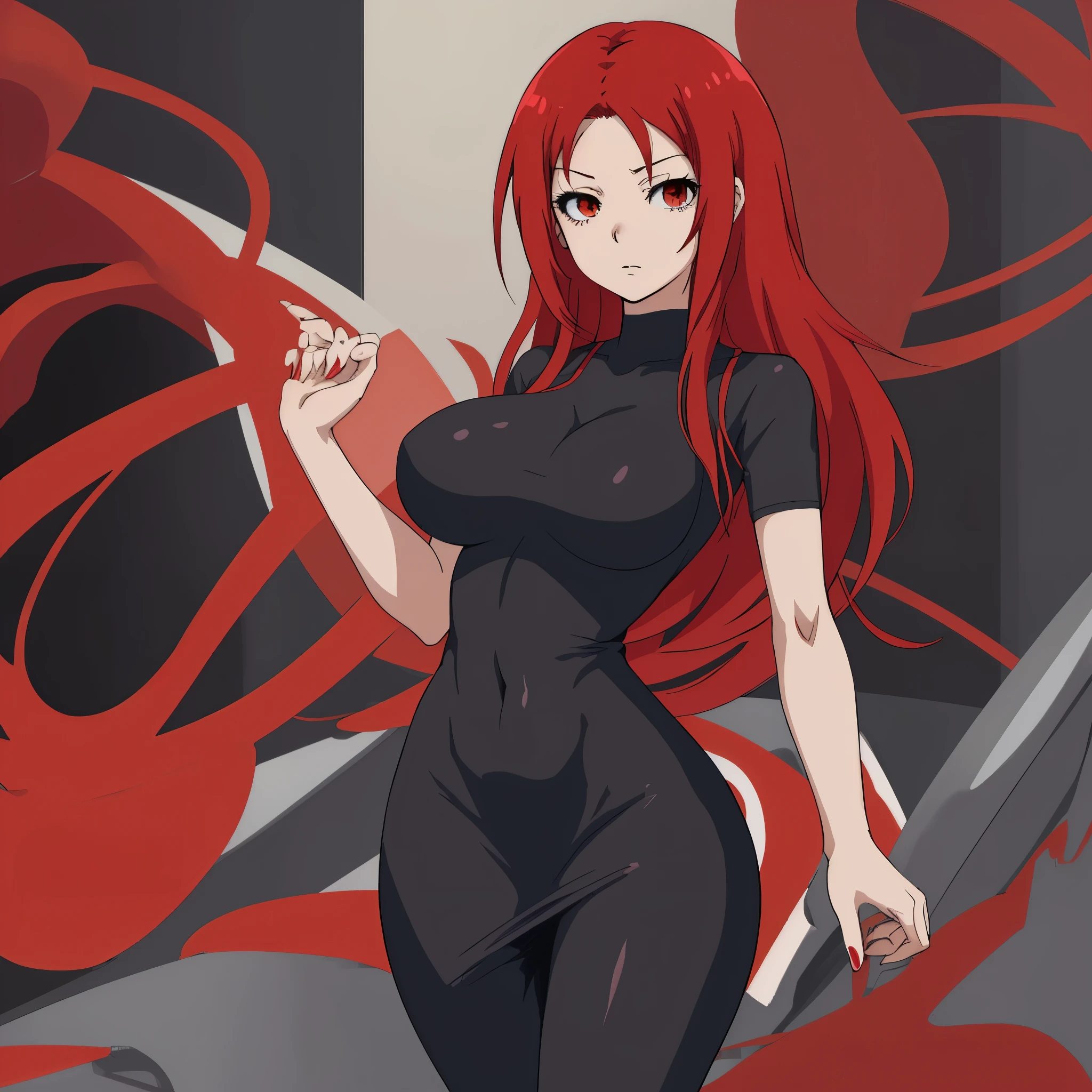 Skinny, tight dress, anime girl, red hair, sexy, large breasts