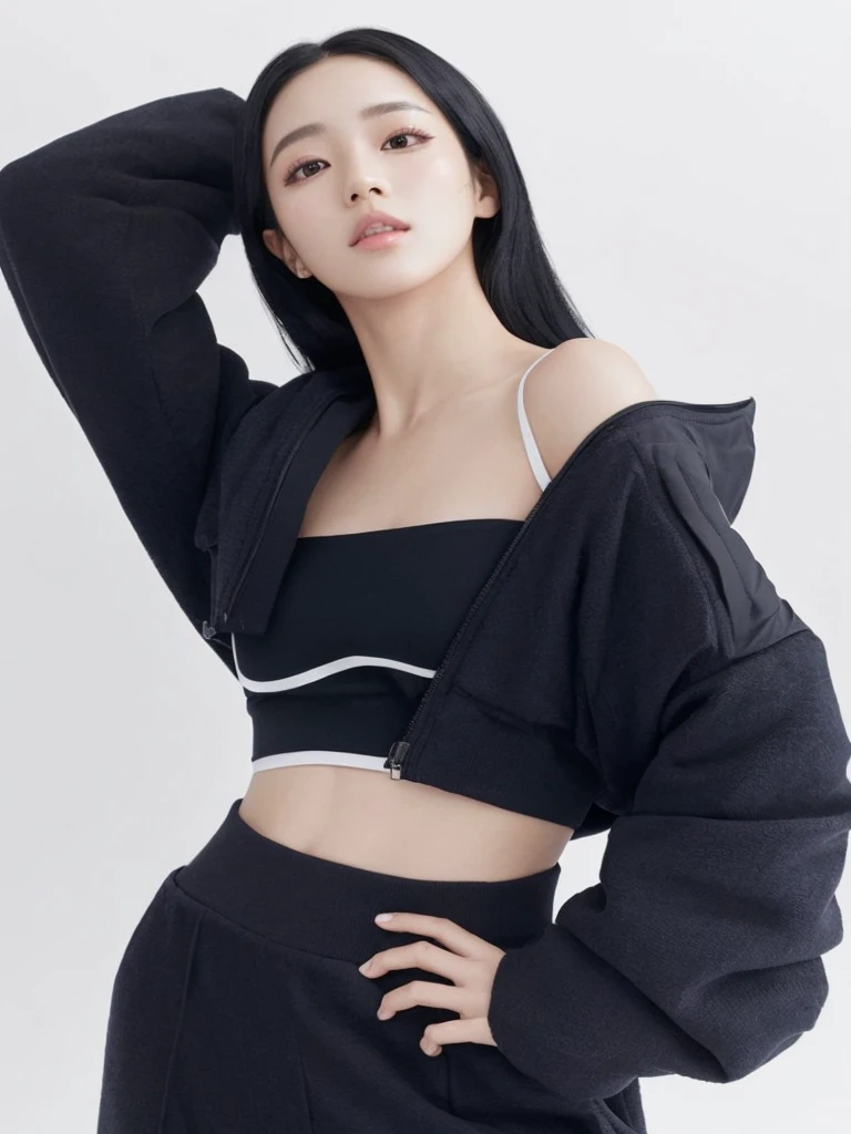 Una mujer con un top corto negro y pantalones negros posando para una foto., modelo de moda femenina coreana, bae suzy, jisoo de blackpink, lee ji-eun, lee ji - eun, foto de modelo chica delgada, Jisoo de Blackpink, camisa corta con chaqueta, heonhwa choe, ropa abierta en el pecho, vistiendo top corto, dilraba dilmurat