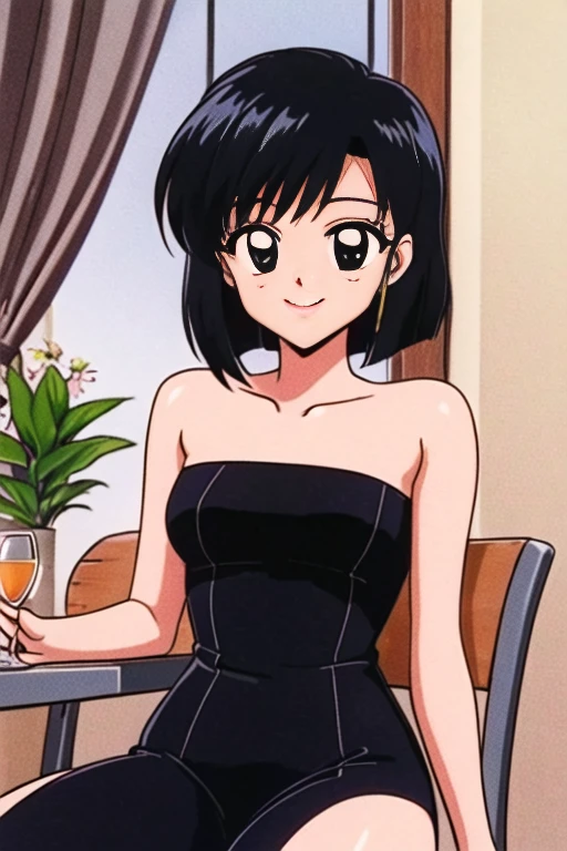 1 girl, teenage, black hair, short black hair, medium hair, bob hair, black eyes, little black dress, strapless dress, short bodycon dress, skin-tight dress, smile, upper body, fancy hotel, sexy, masterpiece, high quality, sitting pose, on a chair.