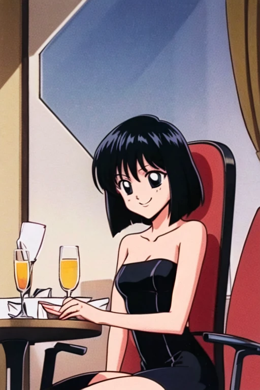 1 girl, teenage, black hair, short black hair, medium hair, bob hair, black eyes, little black dress, strapless dress, short bodycon dress, skin-tight dress, smile, upper body, fancy hotel, sexy, masterpiece, high quality, sitting pose, on a chair.
