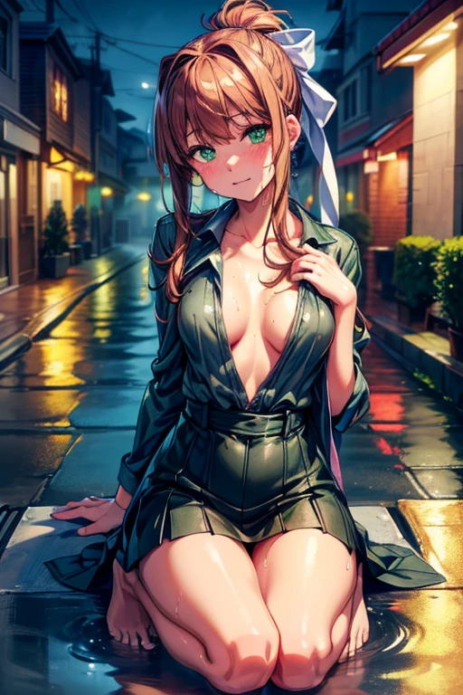 ddlcmonika, blunt bangs, brown hair, (green eyes:1.5), long hair, ponytail, ribbon, white ribbon, hair ribbon, sidelocks,sitting,  ((on city street)),  ((fully clothed)), ((overcoat)), ((v neck t shirt)),((barefoot)), black miniskirt, short hair, slim build,jewelry, large earrings, late night, detailed background, dark, busy street, cinematic, neon light, masterpiece,  best quality, RAW photo, up close, zoomed in,  photorealistic, ((looking at viewer)), see through,dripping wet, beautiful realistic photo, hyperrealistic fantasy photo,  close up, tight frame, 8k, ultra detailed, detailed skin, blue eyes, freckles, ((drenched)), ((soaked)), (dripping water), sagging clothes, wet street, wet all over, wet dripping hair, pov, (posing for photo) portrait, close-up, bottom angle, mist, ((grabbing breast)), touching own body, moaning, head back, small breasts